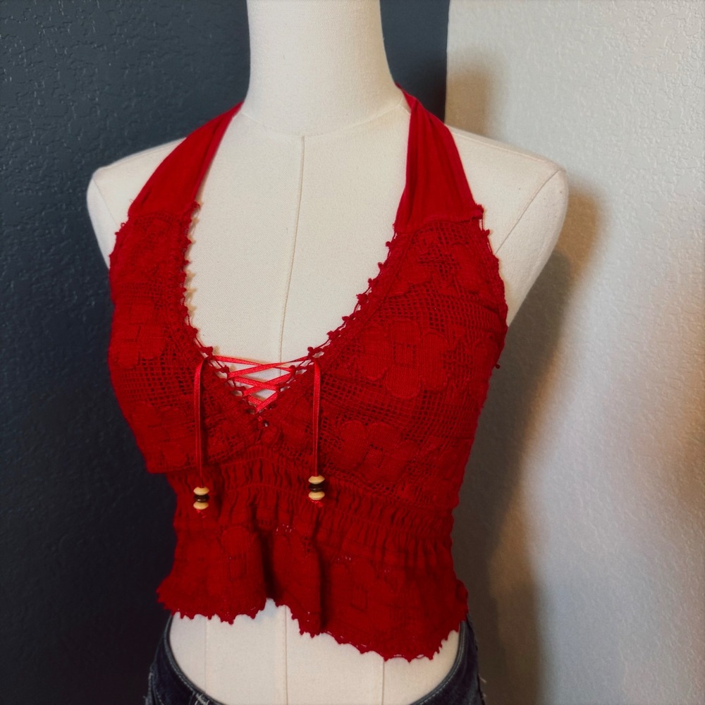 Boho Fairycore Beaded Halter Top Unbranded Lace Up OS Red